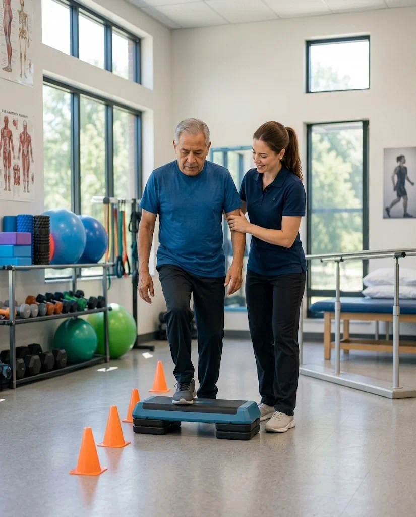 Kinesióloga asistiendo a un paciente adulto mayor en un ejercicio de equilibrio y marcha en el gimnasio de rehabilitación